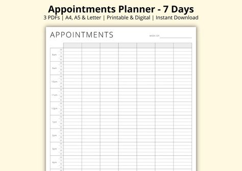 Appointment Planner, 15 Minute Planner, 7 Day Weekly Schedule, Appointment Sheet, Appointment Diary Tracker, Printable/Digital, A4/A5/Letter by DigitalMuseCrafts on Etsy Diary Tracker, Appointment Tracker, Appointment Planner, Digital Weekly Planner, Planner Tracker, Weekly Planners, Tracker Printable, Weekly Schedule, Planner Bundle