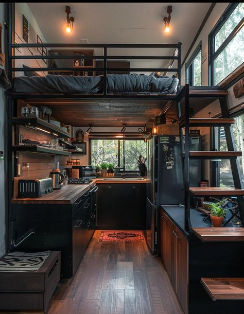 Gothic Tiny House Interior, Dark Ceiling, Cabin Tiny House, Build Your House, Tiny House Loft, Modern Rustic Homes, Rustic Home Design, Loft House, Dream House Rooms