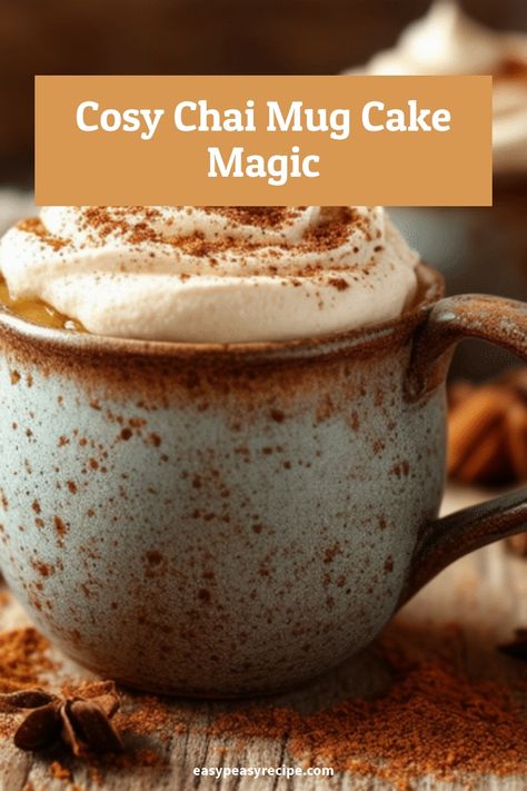 A rustic ceramic mug filled with chai spice latte mug cake topped with whipped cream and sprinkled with spices. Chai Mug Cake, School Cookies Recipe, Easy Zucchini Recipes, Mug Cake Recipe, Fluffy Cake, Easy Peasy Recipes, Quick Treats, Chicken Sweet Potato, Fast Dinners