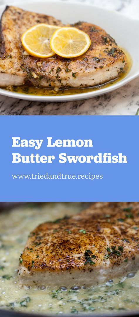 Simple, No-Fuss, One-Pot Lemon Butter Swordfish because you need a break every once in awhile! This sauce is so velvety and bright and pairs perfectly with mild swordfish! Get the recipe now on triedandtrue.recipes! Baked Swordfish, Swordfish Recipes, Lemon Butter, Need A Break, Baked Salmon, Fish Dishes, Seafood Dishes, Fish And Seafood, One Pot