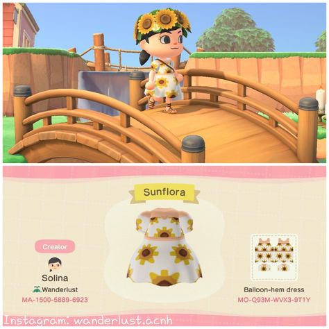 Sunflower Dress Animal Crossing, Acnh Summer Dress Code, Animal Crossing Sunflower Design, Acnh Sunflower Dress, Acnh Sunflower Design Codes, Acnh Flowercore, Acnh Summer Outfits Codes, Acnh Sunflower, Acnh Dresses