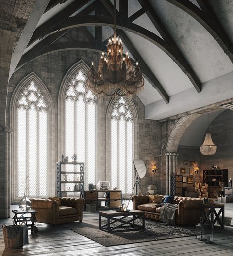 More modern gothic. Gothic Style Home, Gothic Interior Design, Gothic Interior, Modern Gothic, Loft Stil, Interior Design Per La Casa, Architecture Modern, Vaulted Ceilings, Loft Design