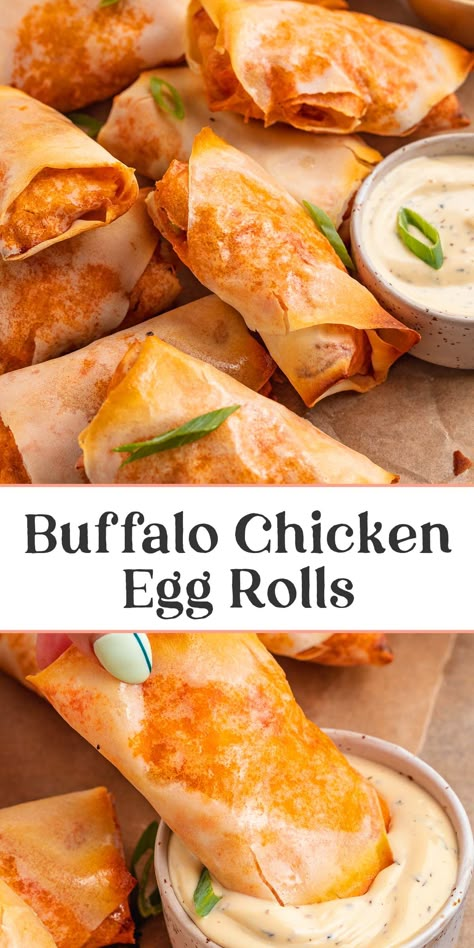 Buffalo Chicken Rollers Recipe, Buffalo Chicken Egg Rolls Baked, Buffalo Chicken Egg Rolls Fried, Chicken Bacon Ranch Egg Rolls, Philapino Recipes, Chicken Egg Rolls Recipe, Buffalo Chicken Eggrolls, Egg Rolls Baked, Baked Egg Rolls