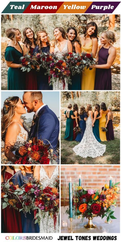 Whimsical Jewel Tone Wedding, Jewel Color Wedding Theme, Jewel Tone Wedding Party Attire, Jewel Tone Bridal Shower Ideas, Fall Jewel Tone Wedding Color Palettes, Summer Wedding Colors Schemes 2025, Jewel Tone Summer Wedding, 2024 Wedding Color Trends, Bridesmaid Dresses Jewel Tones