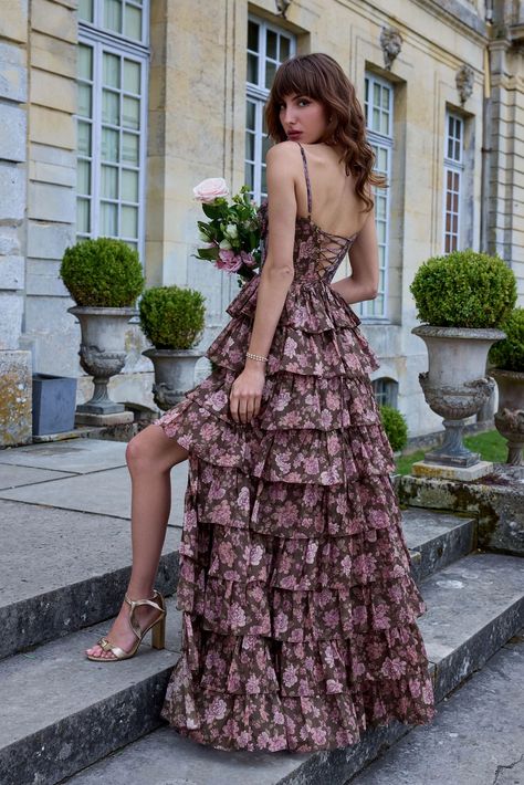 V Chapman, Background Fall, Pink Bridesmaids, Feminine Clothing, Earrings Cross, Peony Print, Shes Perfect, Full Length Gowns, Corset Bodice