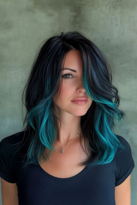 Trendy Underneath Hair Color Styles Teal Blue Hair Highlights, Peekaboo Hair Streak, Blue Face Frame Hair, Teal Halo Hair, Dark Hair With Money Piece And Peekaboo, Black And Green Peekaboo Hair, Black And Aqua Hair, Purple And Teal Hair Highlights, Brown Hair With Blue Money Piece