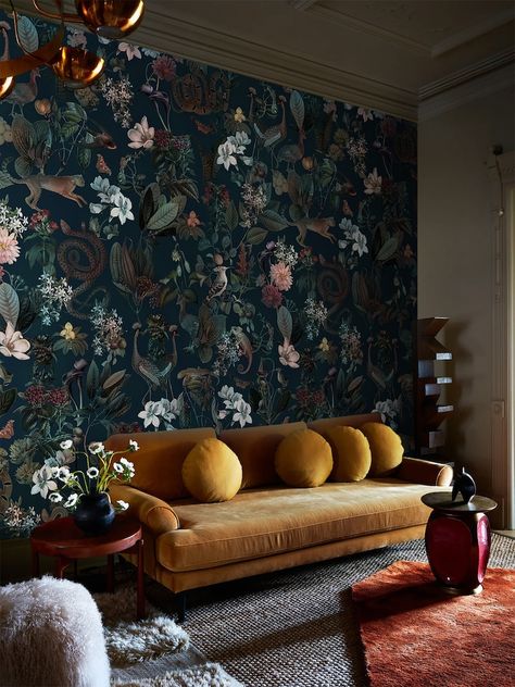 Moody Interior Design Bedroom, Animal Wallpaper Bedroom, Dark Botanical Wallpaper, Guest Room Wallpaper, Moody Interior Design, Moody Wallpaper, Colorful Forest, Dark Botanical, Snake Wallpaper