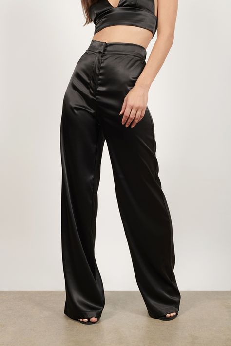 Private Affair Black Satin Wide Leg Pants - $30 | Tobi US Satin Pants Outfit Casual, Black Satin Pants Outfit, 21st Outfits, Satin Pants Outfit, Dress Pants Outfits, Nude Outfits, Fancy Fits, Christmas Fits, Pop Outfits