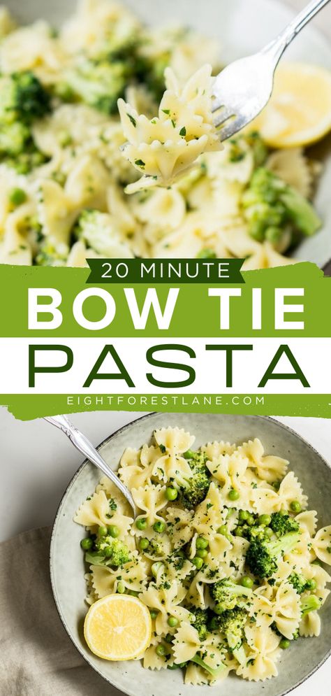 This busy weeknight dinner is also an easy meal for lunch! It's the ultimate vegetarian food. Made with broccoli, peas, lemon, and garlic, this 20-minute bow tie pasta recipe is delicious! Pin this for later! Bow Tie Pasta With Peas, Bow Pasta Recipes, What To Make At Home, Bow Tie Pasta Recipes, Simple Vegetarian Dinner, Chicken Bowtie Pasta, Baking Ideas Easy, Vegetarian Pasta Recipe, Bow Tie Pasta Recipe