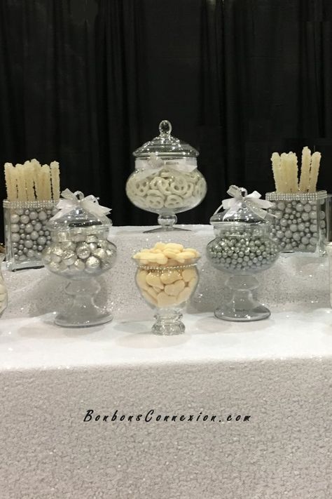 Silver Candy Buffet, White Candy Buffet, Candy Buffet Bar, Paris Sweet 16, Wedding Candy Table, Graduation Candy Bar, Great Gatsby Themed Party, Candy Stand, Candy Buffet Tables