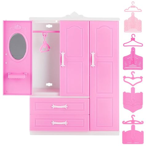 PRICES MAY VARY. Package Include: You will receive 1 set pearl pink plastic doll wardrobe with 40pcs plastic doll clothes hangers. The wardrobe can only store the clothes of the doll, not the doll. Reliable Quality: The doll wardrobe is made of sturdy plastic with a smooth surface, and finished, ensuring its durability, as well as a classic design; the doll closet is easy to assemble. Adorable Decoration: Mini doll wardrobe perfect for store doll clothes and jewelry, etc. It is convenient for yo Diy Doll Closet, Closet Furniture, Doll Clothes Hangers, Clothing Organizer, Pink Wardrobe, Wardrobe Clothing, Furniture Wardrobe, Open Wardrobe, Doll Closet