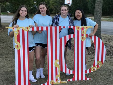 pi phi sorority informal recruitment carnival theme bid day. carnival wooden letters Phi Mu Letters, Sorority Party, Sorority Themes, Philanthropy Events, Recruitment Themes, Sorority Events, Big Lil, Sorority Letters, Sorority Bid Day