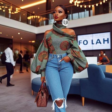 African Top Styles, Ankara Tops For Jeans, Recent Ankara Styles, African Tops For Women With Jeans, Afrochic Fashion, African Print Tops With Jeans, African Attire Tops, Ankara Top Styles For Jeans, African Print Tops For Women