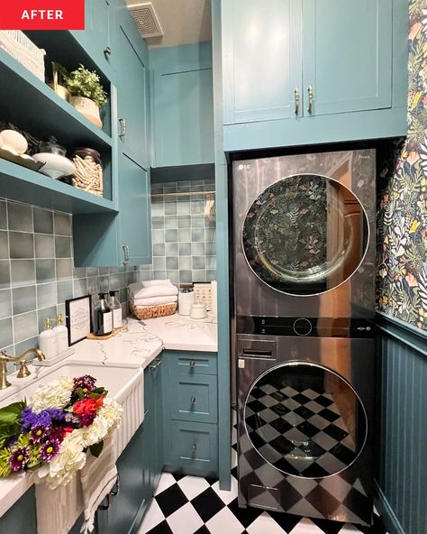 Blue Washer Dryer Laundry Room, Stack Washer And Dryer Laundry Room, Colored Washer And Dryer, Green Washer And Dryer, Turquoise Laundry Room Cabinets, Teal Laundry Room, Blue Washer And Dryer, Lg Stackable Washer And Dryer Green, Moody Laundry Room