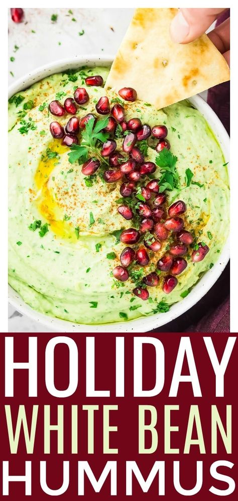 Holiday Hummus - Arugula, Roasted Garlic & White Bean Hummus with Pomegranate + recipe video | Creamy, dreamy, festive and fabulous!! Kick off your parties with a bowl full of this healthy arugula and roasted garlic white bean hummus, because the holidays don't have to be filled with just fattening foods! #holiday #hummus #arugula #garlic #whitebean #recipe #Christmas #NewYear #healthy via @nospoonn Holiday Hummus, Green Goddess Hummus, Fattening Foods, Pomegranate Recipe, Appetizers Vegetarian, Vegetarian Appetizer, White Bean Hummus, Vegan Dips, Bean Hummus