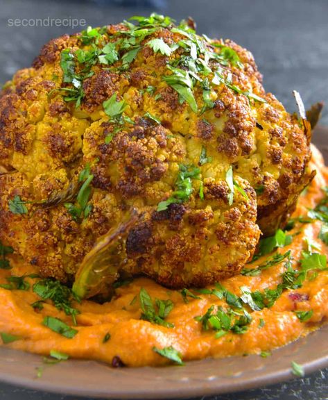 Air Fryer Whole Cauliflower, Whole Cauliflower Recipes, Romanesco Cauliflower Recipe, Baked Whole Cauliflower, Roasted Whole Cauliflower, Sev Recipe, Deep Fried Cauliflower, Roasted Cauliflower Head, Frying Recipes