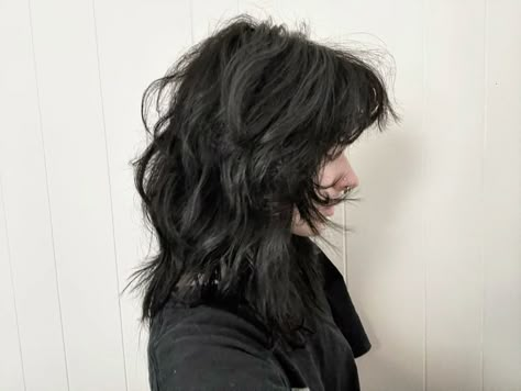 Black Wolfcut Hair, Goth Wolfcut, Choppy Black Hair, Wolfcut Black Hair, Wolf Cut Black Hair, Black Wolfcut, Black Hair Wolf Cut, Shaggy Black Hair, Avian Character