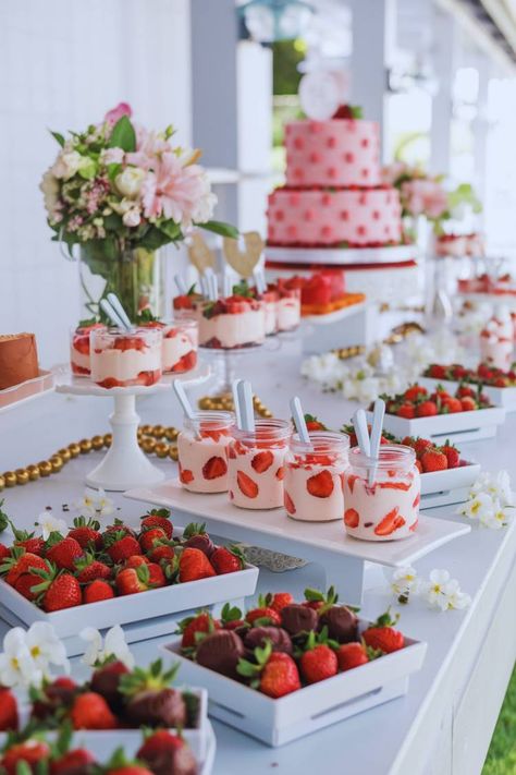 5 - Strawberry_themed_dessert_table Very Berry 1st Birthday, Berries Themed Party, Desert Tables For Birthday, Strawberry Treats For Party, Strawberry Birthday Cupcakes, Strawberry Themed Food, Strawberry Dessert Table, Strawberry Party Ideas, Valentines Dessert Table