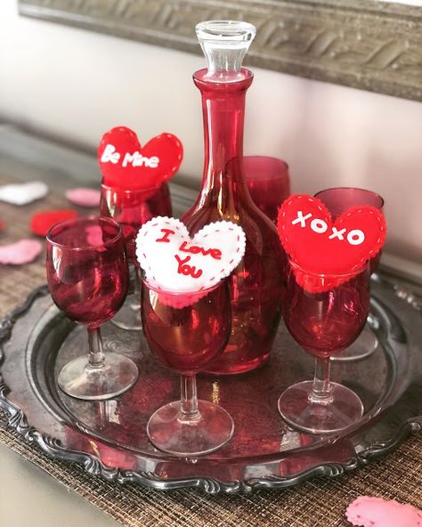 Mercury Glass Vase, Valentines Gift Bags, Red Vases, Wine Glass Set, Sweet Valentine, Love Signs, Felt Hearts, Valentine Decorations, Hi There