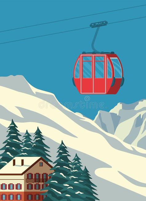 Winter Mountain Landscape, Ski Gondola, Gondola Lift, Winter Poster, Snow Illustration, Ski Vintage, Vintage Ski Posters, Vintage Banner, Ski Art