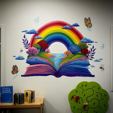 Which element of the Rainbow Book mural do you like the best?! 🌈📚 The bees might be my favorite part! 🐝 🍯 This bright and cheerful piece is another mural I painted as part of the @somerspubliclibrary Carol Palomba memorial project. 💖🌻 While painting, I heard many people say that this was their favorite wall painting out of all of them…. Is it yours? 💭 #somersct #somersstrong #somerslibrary #mural #wallmural #wallpainting #murals #muralpainting #painting #bookart #muralart #muralartist ... Book Mural, Mural Painting, Mural Art, My Favorite Part, The Rainbow, Wall Murals, Wall Painting, Book Art, Art Decor