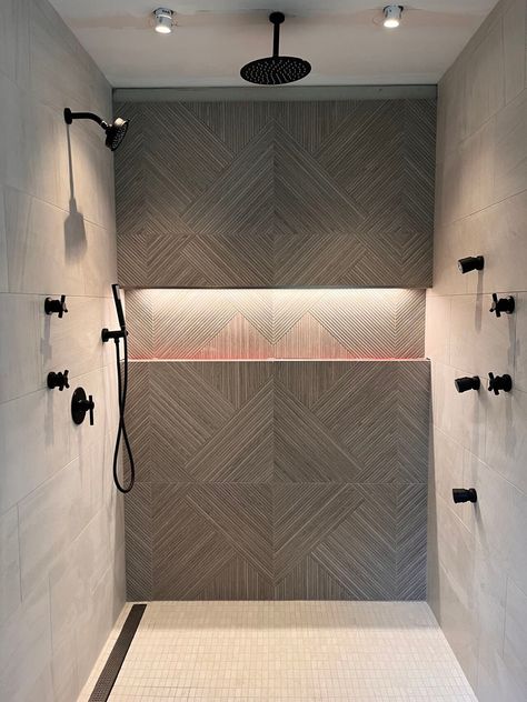 Living for this moody moment 🖤 Shown: All JACLO decorative plumbing in matte black. Tiled In Bathtub, Organic Modern Shower Tile, Moody Master Bath, Dark Tile Bathroom, Modern Shower Tile, Moody Bathroom, Wet Room Tiles, Dark Tile, Bathroom Remodels