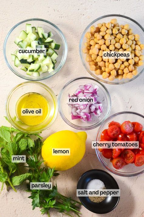 Lemony Chickpea Salad Mediterranean Cucumber, Easy Bbq Side Dishes, Dirt Cake Recipes, Cholesterol Recipes, Bbq Side, Salad With Lemon, Chickpea Salad Recipes, Dirt Cake, Cucumber Tomato Salad