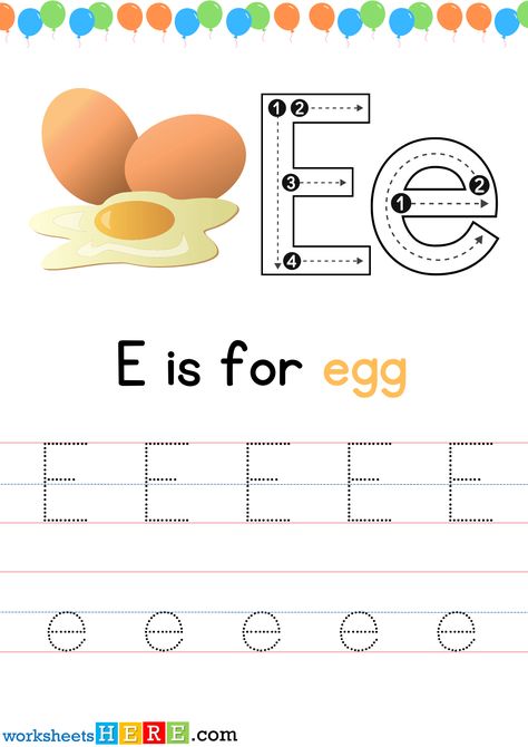 Tracing Letter E Uppercase and Lowercase PDF Worksheet For Kindergarten - WorksheetsHere.com Letter E Worksheets Kindergarten, Preschool Letter E Worksheets, E Letter Worksheet, Lowercase E Craft, Letter E Tracing Worksheets, Homework Letter, Kindergarten Tables, Alphabet E, Worksheet For Kindergarten