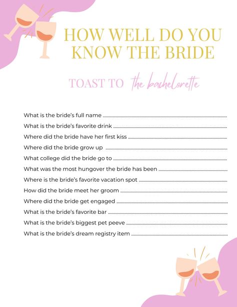 **Customizable Bachelorette Trivia Game - Make Your Celebration Unforgettable Celebrate your bachelorette party in style with our Customizable Bachelorette Trivia Game! Perfect for making the bride-to-be's special day even more memorable, this game is fully tailored to suit your event. Here's what you can customize:  Colors Choose your favorite colors to match your party theme. Whether it's classic pinks and purples or a bold, vibrant palette, we'll design the game to fit your vision.  Name Personalize the game with the bride-to-be's name for a unique touch that makes the celebration extra special. **What's Included - **Custom Trivia Questions A set of engaging and fun questions tailored to the bride and the wedding party. **Perfect For - Bachelorette Parties - Bridal Showers - Girls' Nigh Engagement Party Trivia, Bride Trivia Questions, Bachelorette Lingerie Game, Bride To Be Games, Lingerie Bachelorette, Bachelorette Game, Bachelorette Party Game, Fun Questions, Registry Items