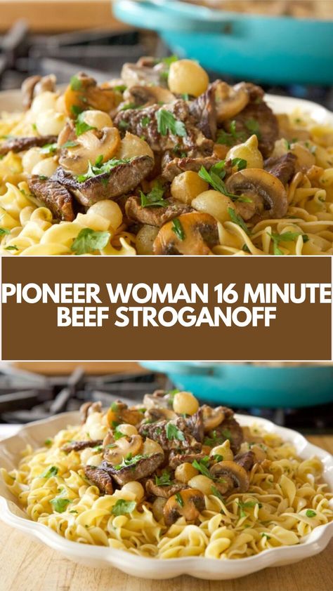 Pioneer Woman 16-Minute Beef Stroganoff is made with sirloin steak, egg noodles, mushrooms, pearl onions, beef stock, white wine, sour cream, and Dijon mustard. This quick and delicious beef stroganoff recipe creates a hearty dinner that takes only 16 minutes to prepare and can serve up to 6 people. Noodles Mushrooms, Beef Stroganoff Crockpot, Beef Stroganoff Recipe, Leftover Beef, Sirloin Steak, Pearl Onions, Buttered Noodles, Stroganoff Recipe, Pioneer Woman Recipes