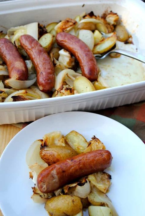 Sausage, potatoes, onions, and cabbage - Eat Well Spend Smart Easy Roasted Vegetables, Boiled Cabbage, Cabbage And Potatoes, Cabbage And Sausage, Potatoes Onions, Sausage Bake, Sausage Potatoes, Roasted Vegetable, Frugal Meals