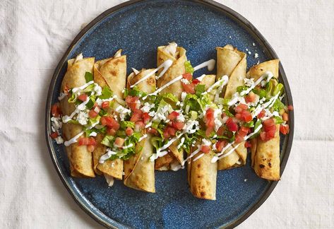 The crunchiest Chicken Flautas… Think chicken tacos, but you you roll the filling up in the tortilla and then fry until crisp. You can add a variety of toppings. I like salsa, shredded lettuce, Mexican crema and queso fresco. Pati's Mexican Table Recipes, Patti Jinich Recipes, Patis Mexican Table, Swiss Chicken, Pati Jinich, Chicken Flautas, Avocados From Mexico, Roasted Tomatillo, Chunky Guacamole