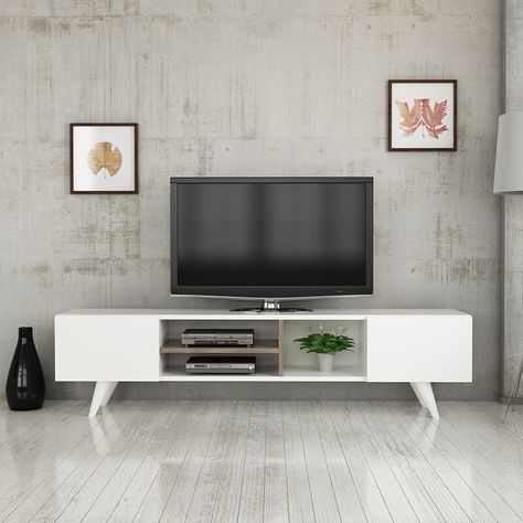 Tv Table White, White Tv Unit, Tv Storage Unit, Modern Entertainment Center, Tv Stand Cabinet, Shop Garage, Tv Table, Entertainment Table, Tv Room Design