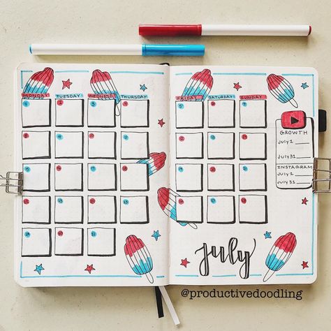 july monthly spread🇺🇸💙 if you want to watch me set this month up, check out the link in my bio to watch my full July “plan with me”… July Welcome, July Bullet Journal, How To Bullet Journal, Bullet Journal Headers, Bullet Journal Month, Bullet Journal 2020, Bullet Journal Set Up, Bullet Journal Ideas Templates, Bomb Pop