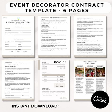 Streamline your event decorating business with our Event Decorating Services Contract Template. This customizable template simplifies the agreement process, ensuring clear communication and legal protection. Covering essential clauses such as scope of work, payments, liability, and more, this template helps you establish strong client relationships, reduce misunderstandings, and elevate your professionalism. 📝✨ Event Decorating Business, Decorating Business, Scope Of Work, Event Decorating, Price List Template, Clear Communication, Contract Template, Invoice Template, List Template