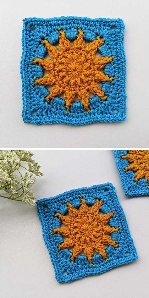 a blue crochet granny square with a sun yellow central motif Granny Square Pattern Free, Modern Haken, Granny Square Crochet Patterns Free, Blanket Ideas, Adorable Crochet, Crochet Design Pattern, Beginner Crochet Projects, Haken Baby, Crochet Square Patterns