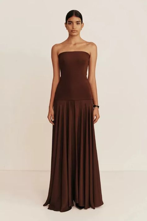 The Fashion Team’s Favourite New Independent Brands | SheerLuxe Elegant Brown Color Palette, Chic Brown Maxi Evening Dress, Luxury Classic Brown Dress, Brown Dress Formal, Brown Wedding Guest Dress, Chic Brown Floor-length Dresses, Luxury Chic Brown Maxi Dress, Brown Party Dress, Summer Formal Dress