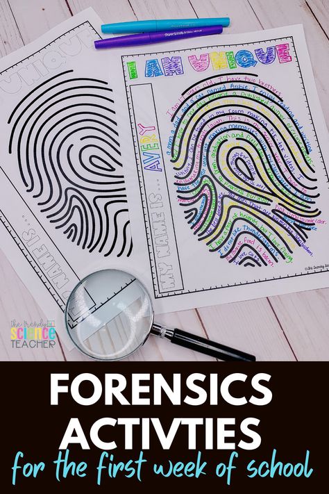 Today on the blog, I'm sharing 5 activities that I use in my Forensics class at the start of the school year. These activities are perfect for engaging your forensic science students and getting them excited about your class. Elementary Detective Activities, Csi Classroom Activity, Forensic Science Activities Middle School, First Week Of School Science Activities, Elementary Forensic Science, Forensic Science Project Ideas, Back To School Science Activities, Spy Activities, Biology Activity