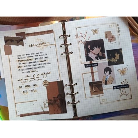 Anime journal page idea BSD Bujo Anime Theme, Journal Anime Aesthetic, Anime Journal Digital, Anime Journal Ideas First Page, Anime Notebook Ideas, Anime Journal Cover, Anime Scrapbook Ideas, Anime Journal Ideas, Scrapbook Recipe Book