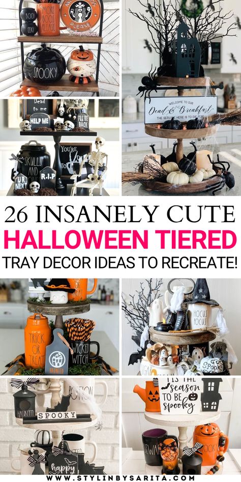 halloween tiered tray decor Spooky But Cute, Tiered Tray Decor Ideas, Tray Decor Ideas, Halloween Tiered Tray Decor, Halloween Front Porch Decor, Tiered Tray Diy, Halloween Front Porch, Tray Ideas, Spooky Halloween Decorations