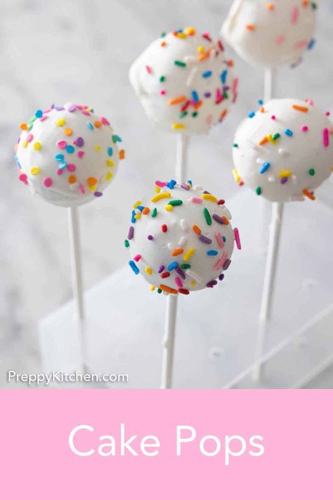 Want to learn how to make the perfect Cake Pops? These homemade cake balls are so easy to make, and the perfect bite-sized party treat for any occasion! These sweet treats are made with vanilla cake, frosting, and rainbow sprinkles but can be with any flavor combination. Cake Pops With Sprinkles, Perfect Cake Pops, Pumpkin Cake Pops, Sprinkles Birthday Party, White Cake Pops, Birdhouses Ideas, Sprinkle Shower, White Cake Recipe, Cake Frosting Recipe