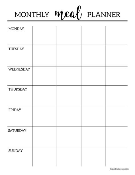 Use the free printable monthly meal planner template to stay on budget and have a meal plan each night for dinner. Monthly Meal Planner Template, Printable Meal Planner Monthly, Monthly Menu Planner, Meal Planning Printable Templates, Meal Calendar, Meal Planner Printable Free, Dinner Planner, Monthly Menu, Paper Trail Design