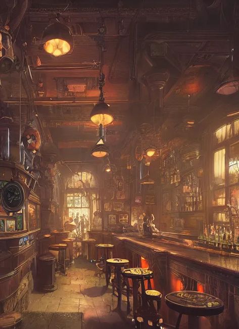 Bootlegger Aesthetic, Steampunk Bar Design, Steampunk Cafe, Steampunk Workshop, Steampunk Bar, Fantasy City Map, Building Aesthetic, Cafe Concept, Cafe Art