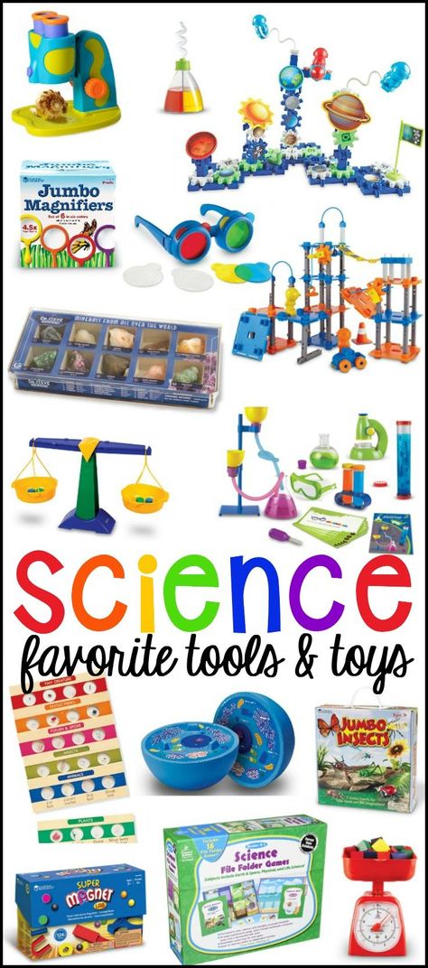 My favorite science tools and toys for preschool, pre-k, and kindergarten. Perfect for the classroom or at home. #science #preschool # prek Science Tools Activities, Homeschool Summer, Christmas Corner, Science Centers, Preschool Centers, Science Tools, Childs Play, Science Lover, Tools And Toys