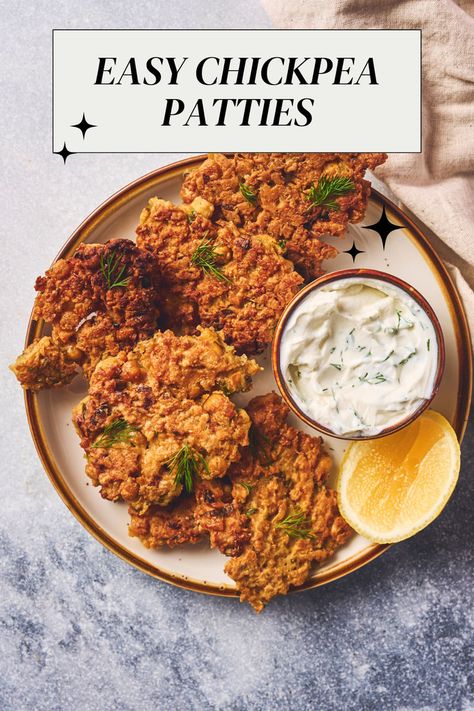 Easy Chickpea Patties Chick Pea Patties, Pea Patties, Chickpea Patty, Dill Yogurt Sauce, Vegetarian Snack, Chickpea Patties, Crunchy Chickpeas, Chickpea Burger, Family Breakfast Recipes