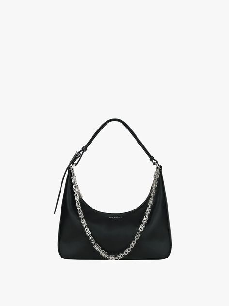 Small Moon Cut Out bag in leather | GIVENCHY Paris Chain Strap Top, Moon Cut, Givenchy Bag, Givenchy Paris, Rose Blush, Metal Engraving, Leather Hobo Bag, Black Shoulder Bag, Small Shoulder Bag