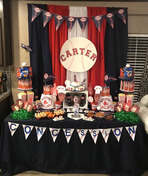 Red Sox concession Red Sox Party Decorations, White Sox Birthday Party, Red Sox Birthday Party, Red Sox Party, Baseball First Birthday, Treat Table, Baseball Theme Party, Baseball Socks, Shower Diy