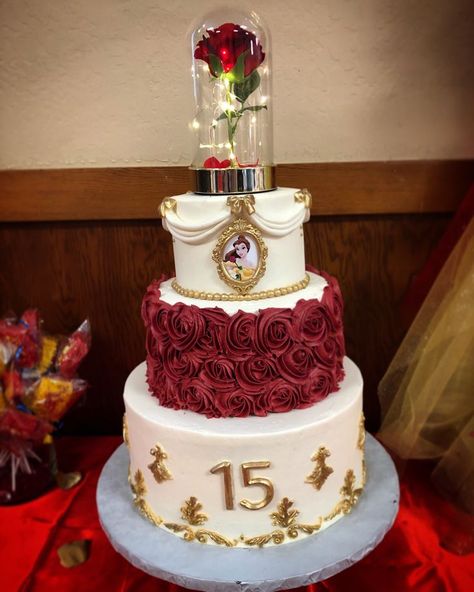 Quince Cakes Burgundy And Gold, Beauty And The Beast Birthday Cake Ideas, Beauty And The Beast Theme Cake, Quince Cake Red And Gold, 3 Tier Quinceanera Cake, Beauty And The Beast Quince Cake, Red And Gold Quinceanera Cakes, Beauty And The Best Cake, Beauty And The Beast Quinceanera Cake