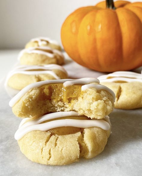 Pumpkin Thumbprint Cookies, Pumpkin Pie Cookies, Cream Cheese Glaze, Cream Cheese Cookies, Pumpkin Butter, Thumbprint Cookies, Fall Cookies, Game Day Food, Cookie Jars