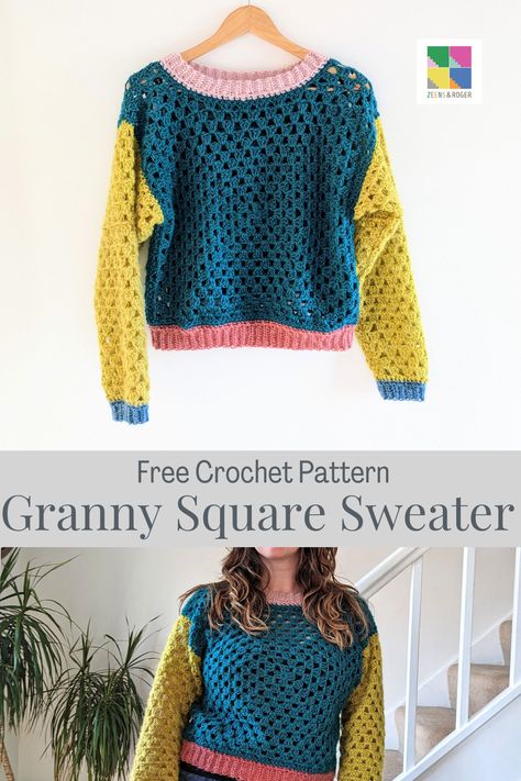 Quick And Easy Crochet Sweater Pattern Free, Easy Granny Square Sweater, Granny Square Crochet Sweater Pattern, Crochet Granny Pullover, Quick Crochet Clothes, Granny Square Crochet Cardigan Pattern, Crochet Granny Square Pullover, Crochet Granny Stitch Sweater Pattern, Crochet Granny Square Jumper Pattern